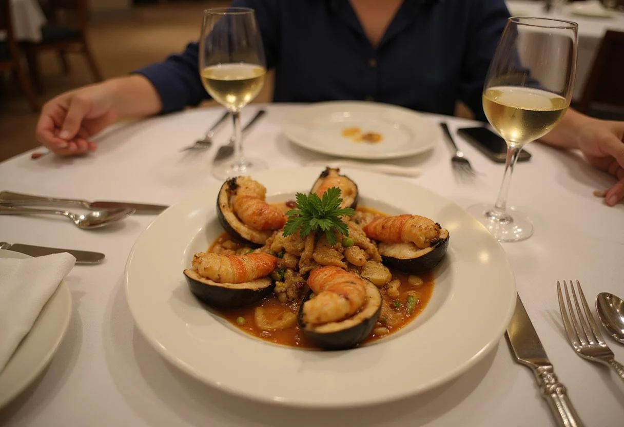 Elegant table setting with finished seafood medley, reflecting a premium seafood experience with wine and fine dining ambiance.