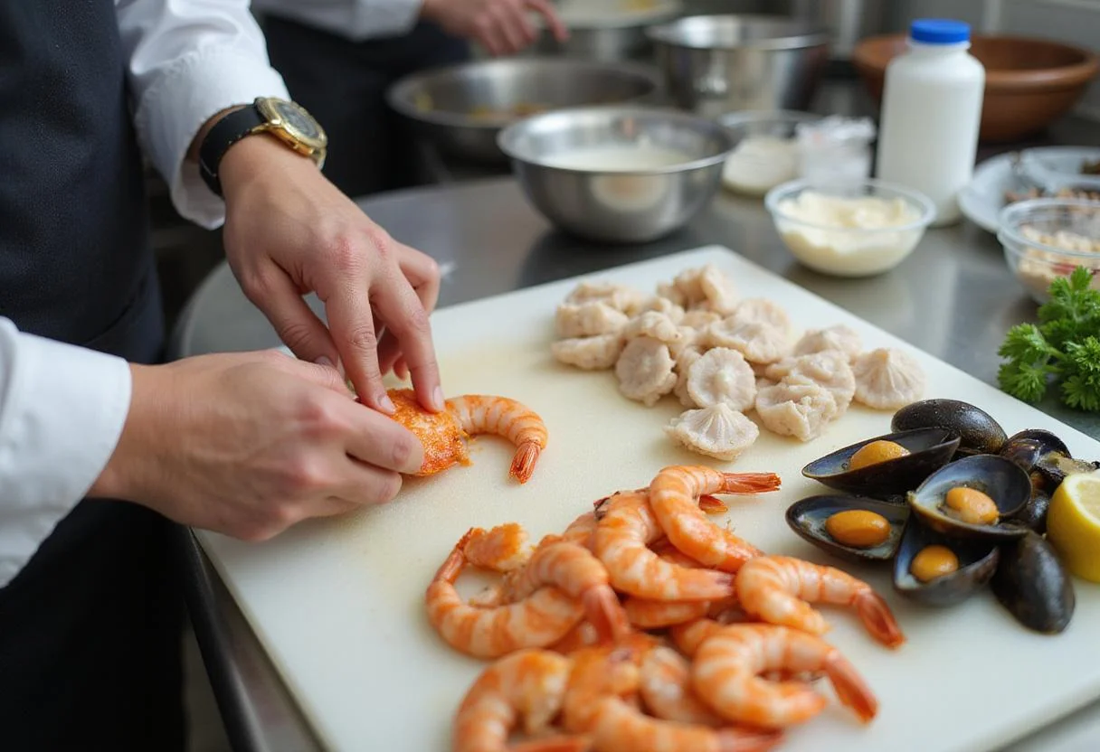 Fresh seafood medley preparation with shrimp, scallops, and mussels on a cutting board in a vibrant kitchen.