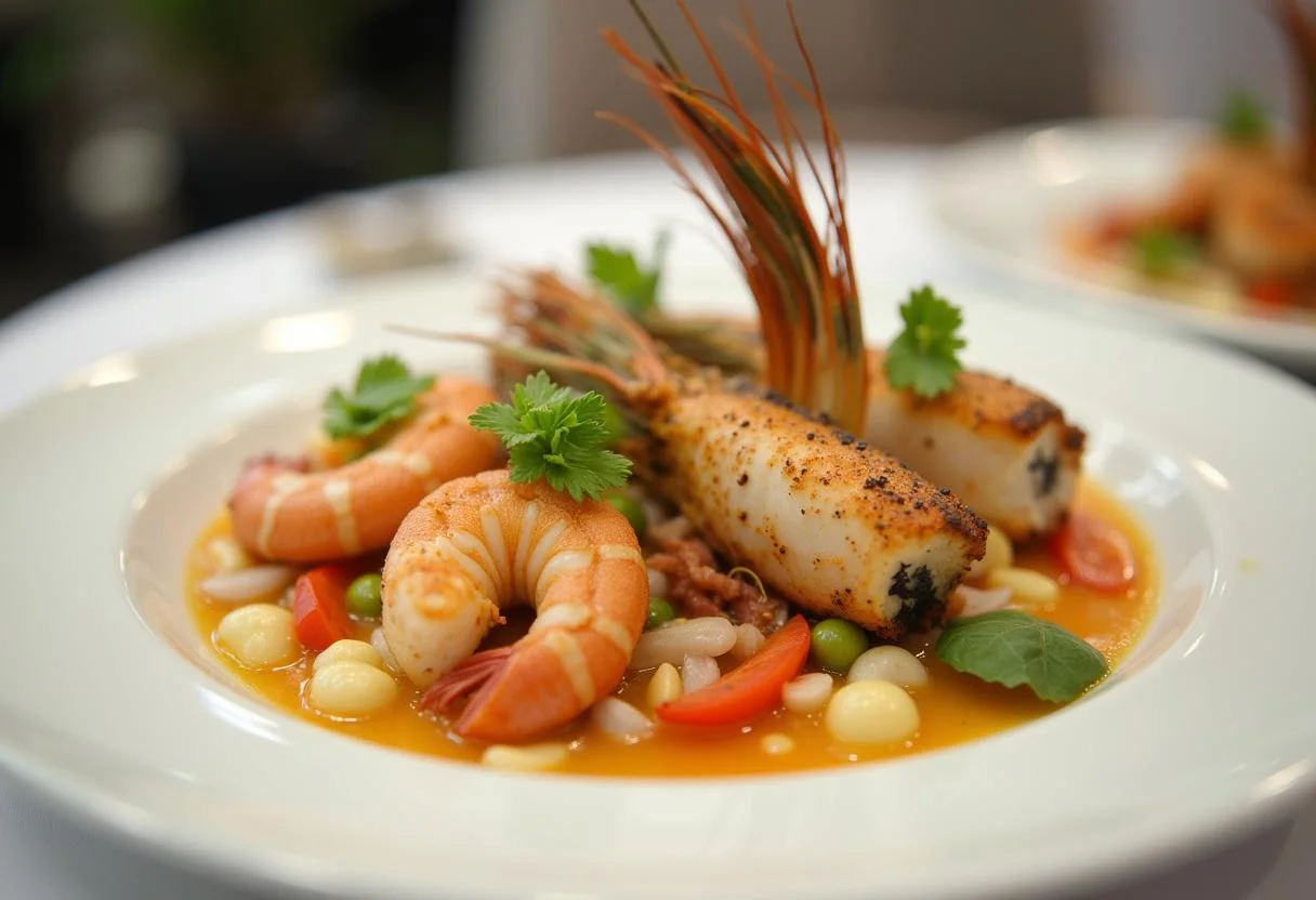 Artfully plated premium seafood medley with fresh vegetables, showcasing a gourmet seafood mix experience.