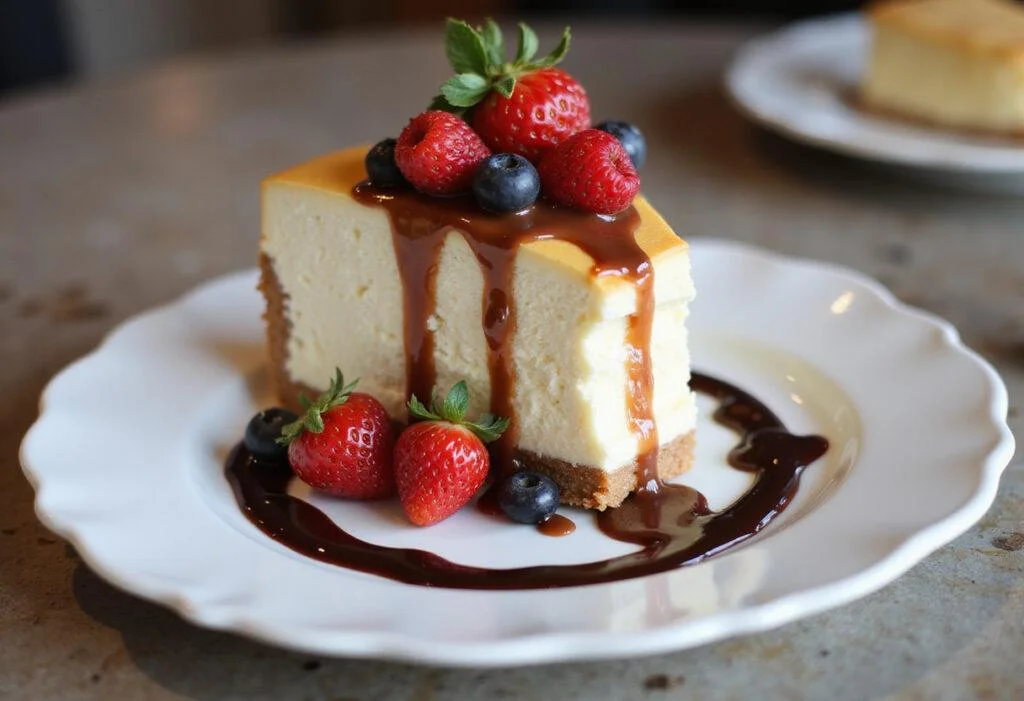 Savoring a slice of protein cheesecake with berries, showcasing a delicious dessert perfect for health-conscious individuals.