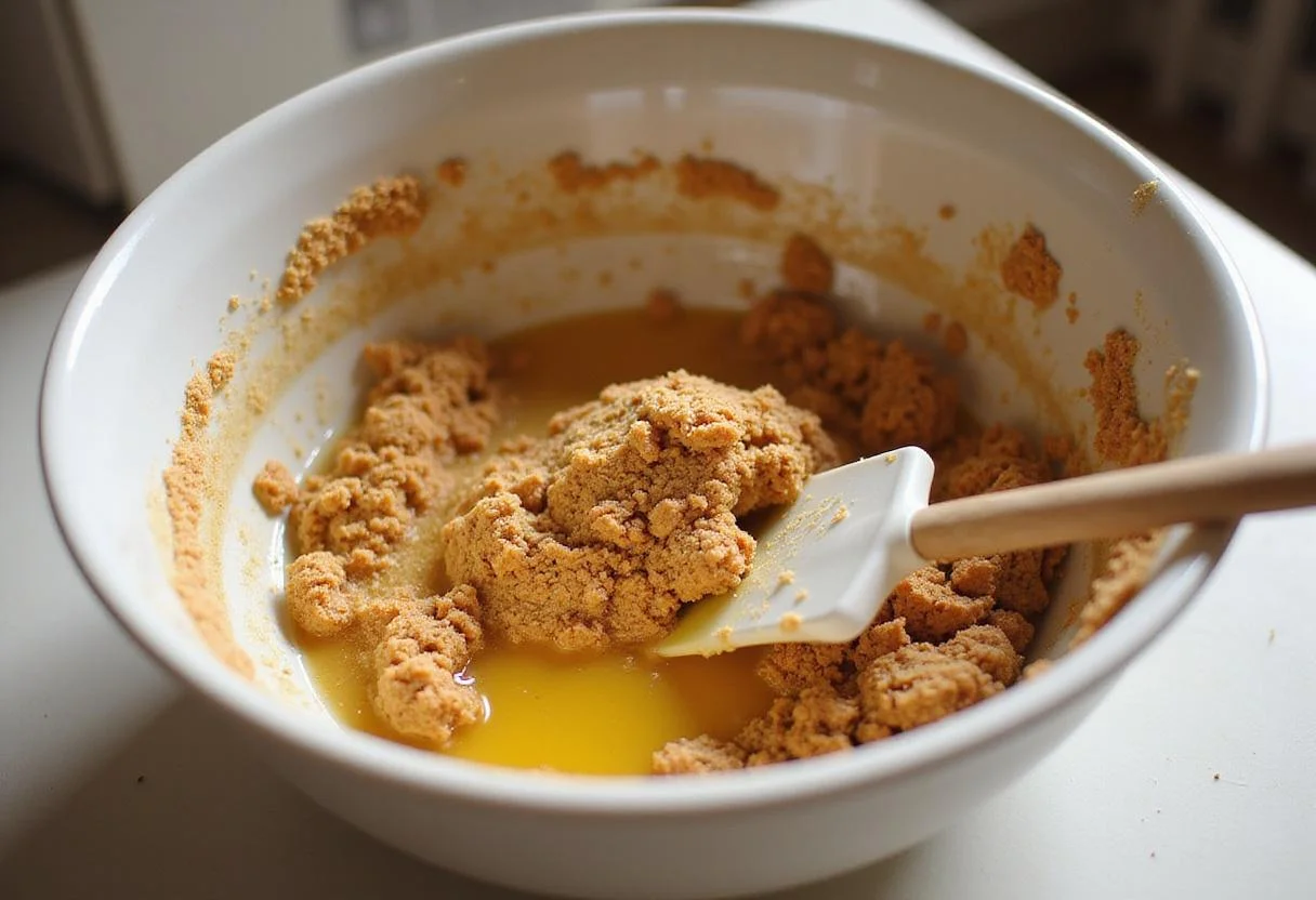 Preparing the crust for a protein cheesecake with crushed graham crackers and butter in a modern kitchen.
