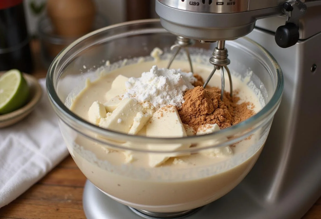 Creating a smooth filling for protein cheesecake by blending cream cheese and protein powder in a stylish kitchen.