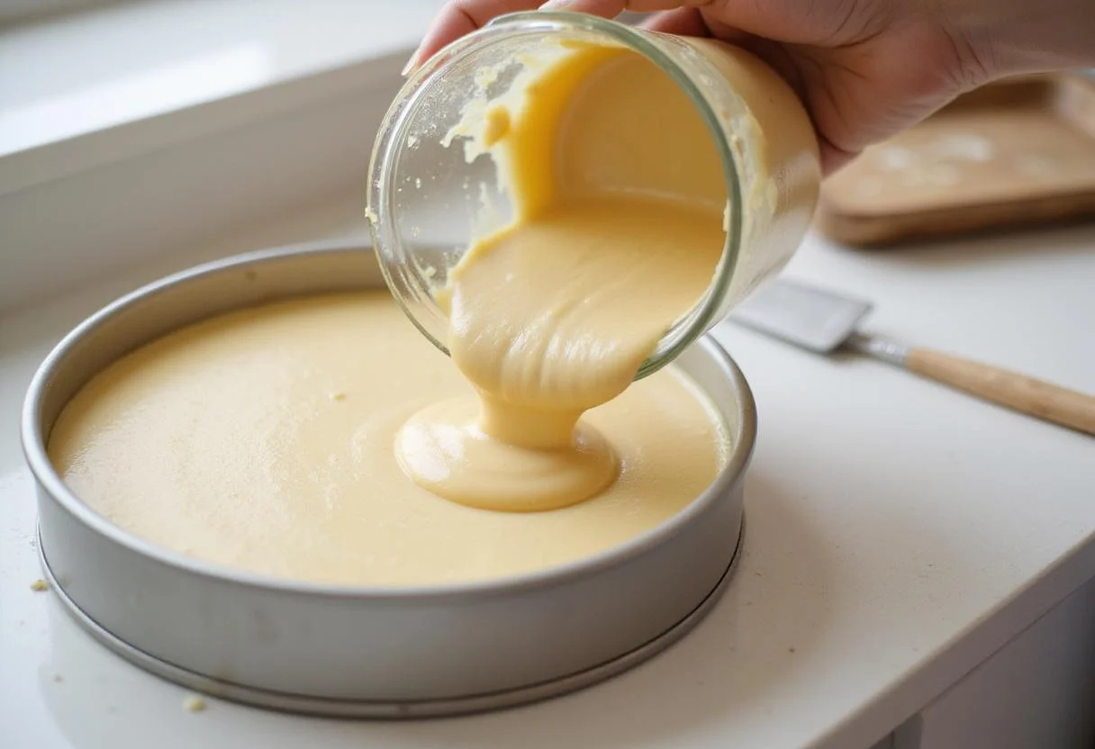 Filling a springform pan with protein cheesecake mixture, capturing the essence of baking in a bright kitchen.