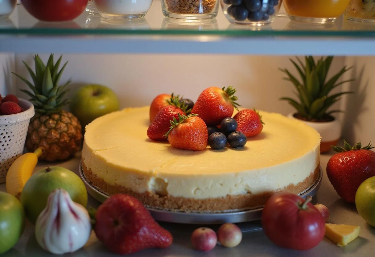 Cooling protein cheesecake in the fridge, featuring a fruit garnish prepared for a delightful dessert presentation.