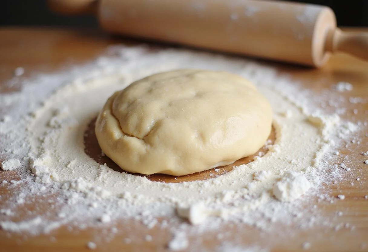 Kneading dough on a floured countertop for homemade sopapillas, capturing the heart of the sopaipillas recipe preparation. Traditional cooking methods.
