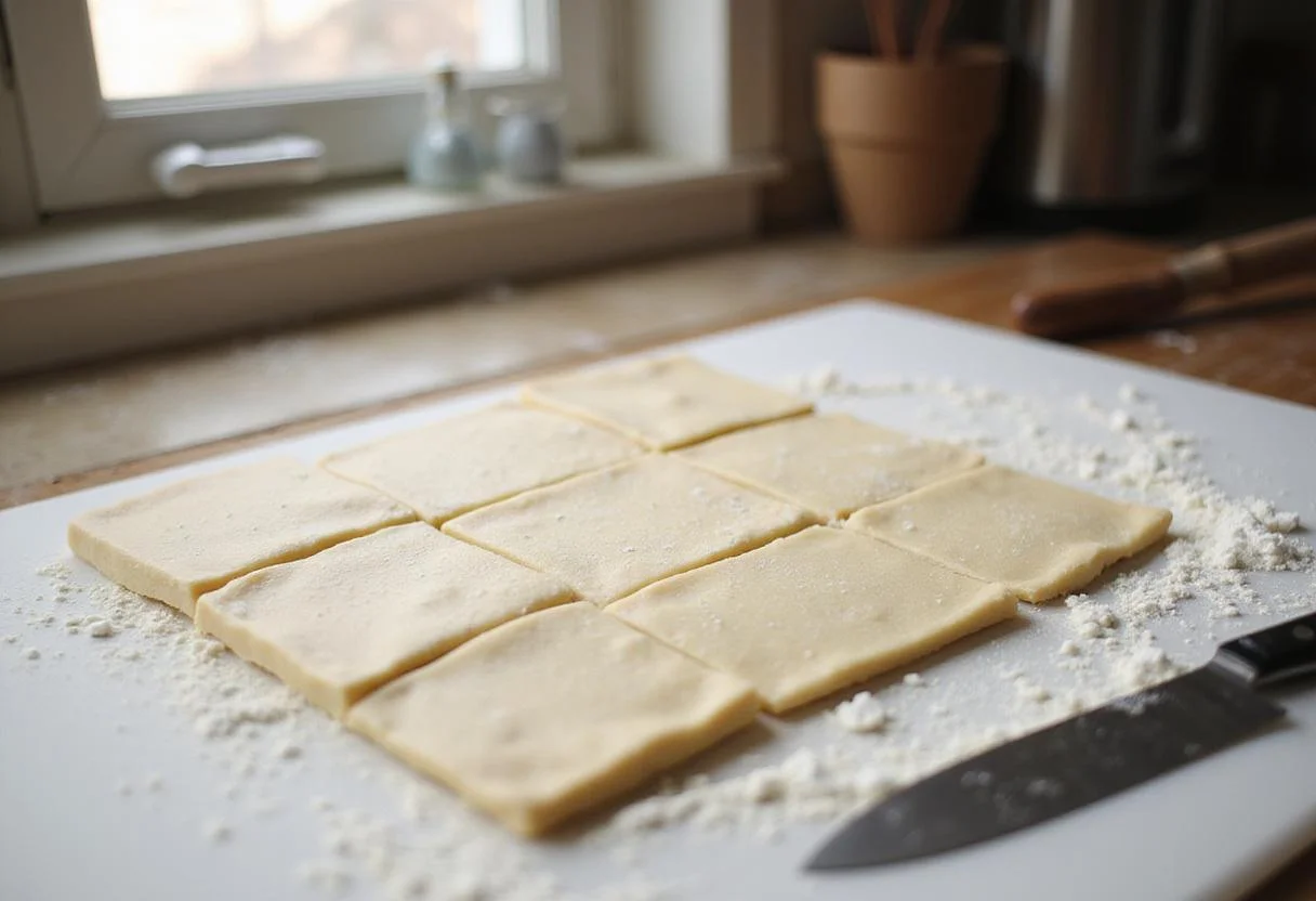 Cutting dough into squares for sopapillas, highlighting the preparation stage of the sopaipillas recipe. Fresh and delicious homemade treats.