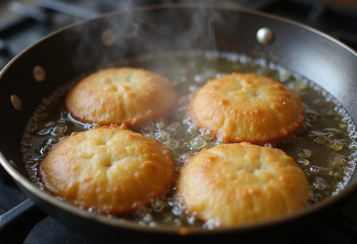 Frying puffy golden sopapillas in oil, capturing the essence of the sopaipillas recipe at its most tantalizing stage. Crispy and delicious results.