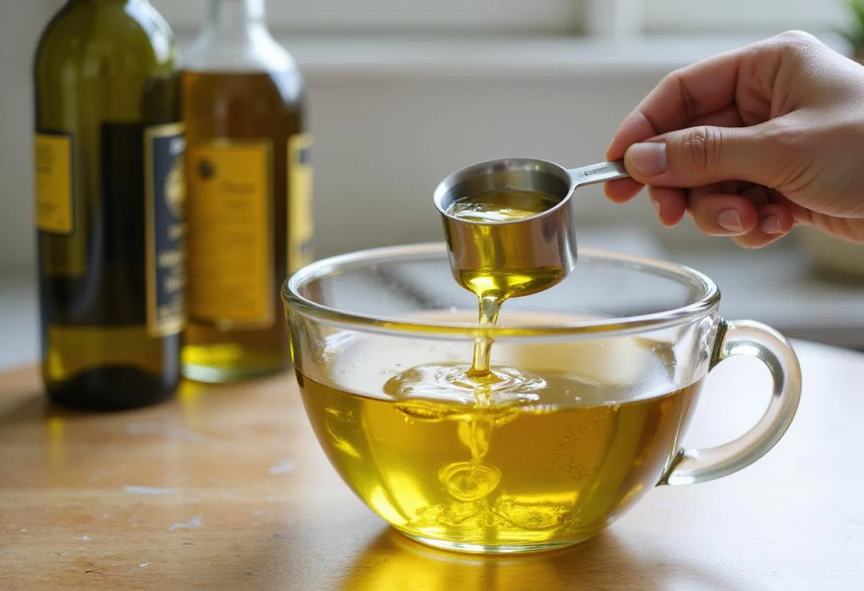 Measuring vegetable oil as a rich olive oil substitute for cooking, showcasing the ingredient prep in a bright kitchen setting.