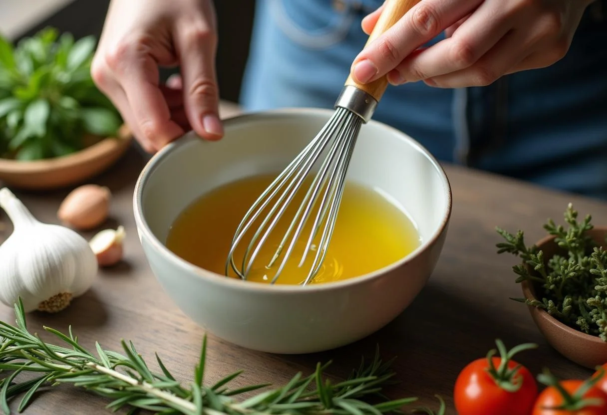 Mixing vegetable oil with herbs to create a flavorful olive oil alternative, emphasizing the preparation steps for a healthy cooking substitute.