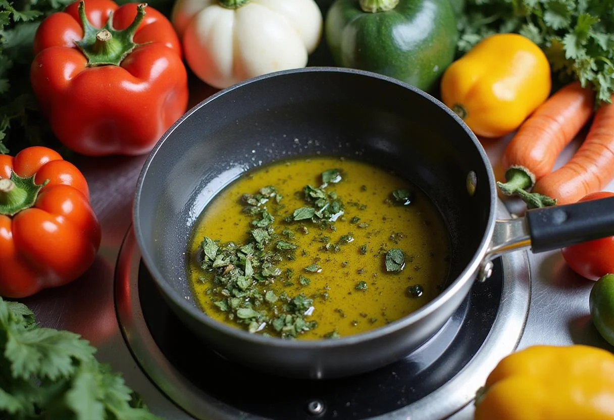 Heating a flavorful vegetable oil mixture as an olive oil alternative in a saucepan, with vibrant vegetables ready for cooking.
