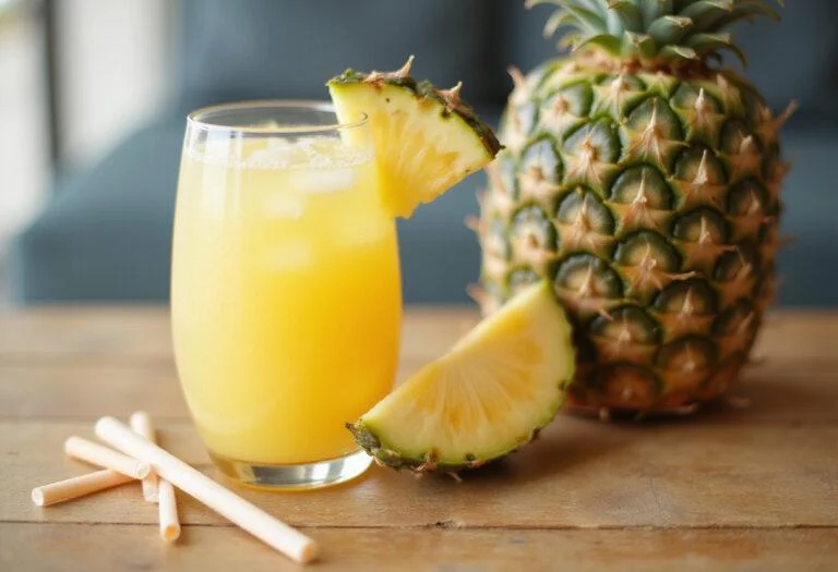 Refreshing glass of pure pineapple juice elixir, beautifully presented with a slice of pineapple, representing a healthy beverage.