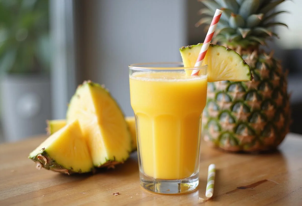 Refreshing glass of pure pineapple juice elixir, beautifully presented with a slice of pineapple, representing a healthy beverage.