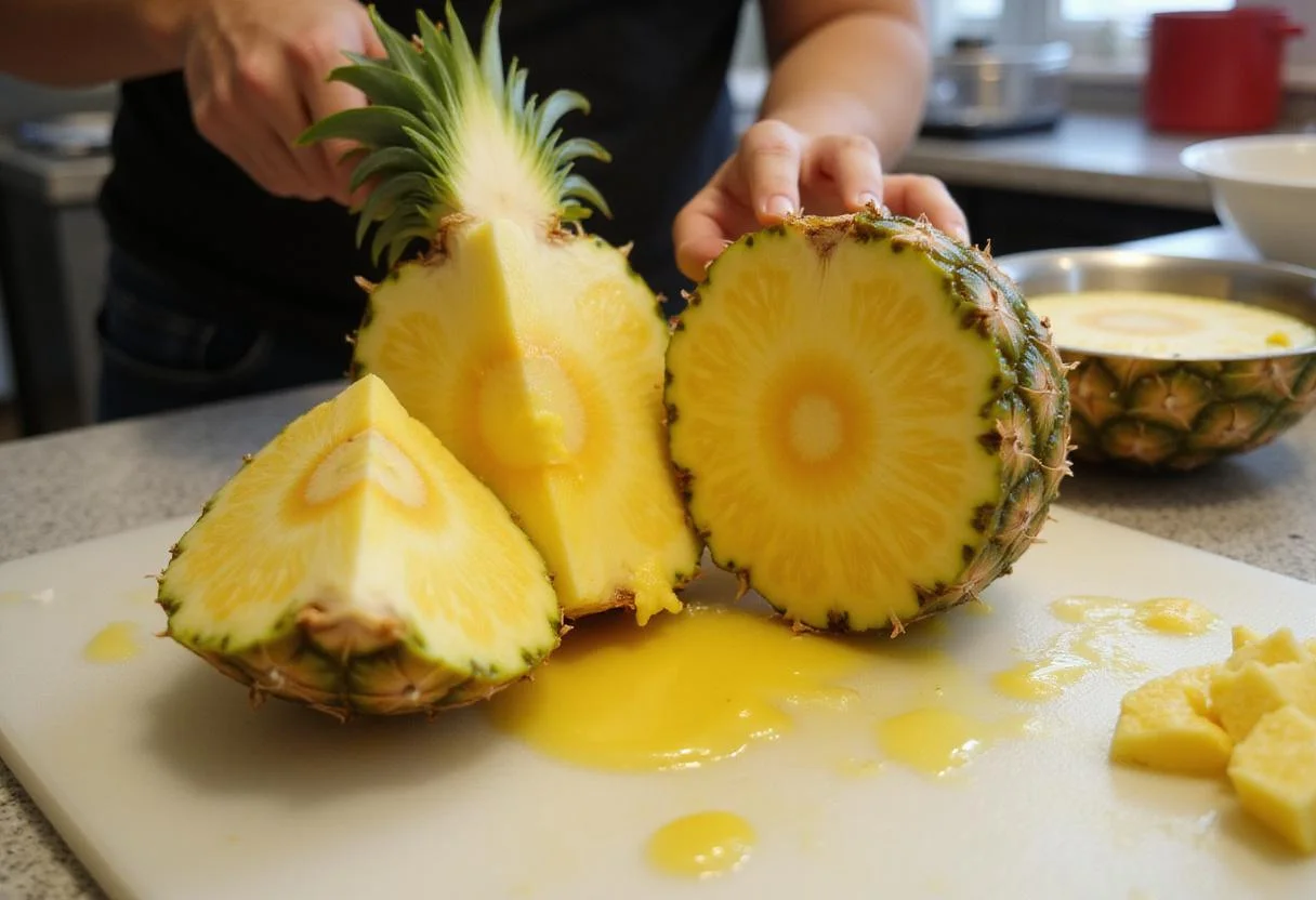 Sliced pineapple quarters ready for juicing, highlighting the juicy texture and bright color of the fruit.