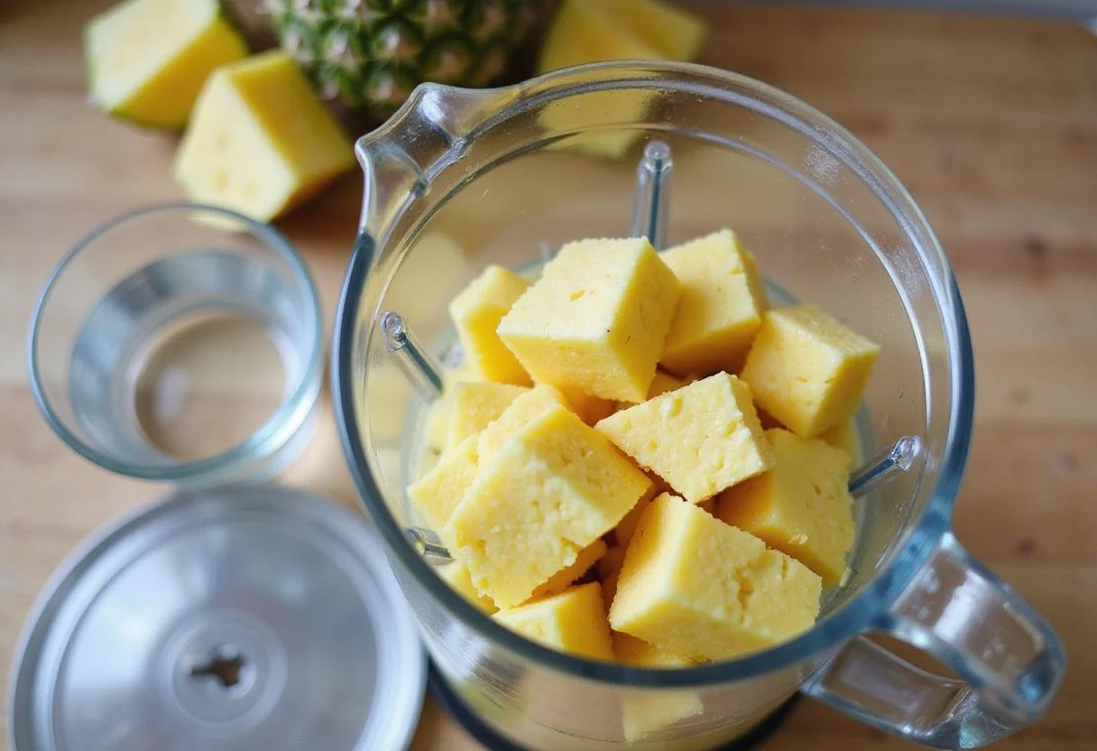 Pineapple chunks in a blender for pure pineapple juice elixir, illustrating the blending process with fresh ingredients.