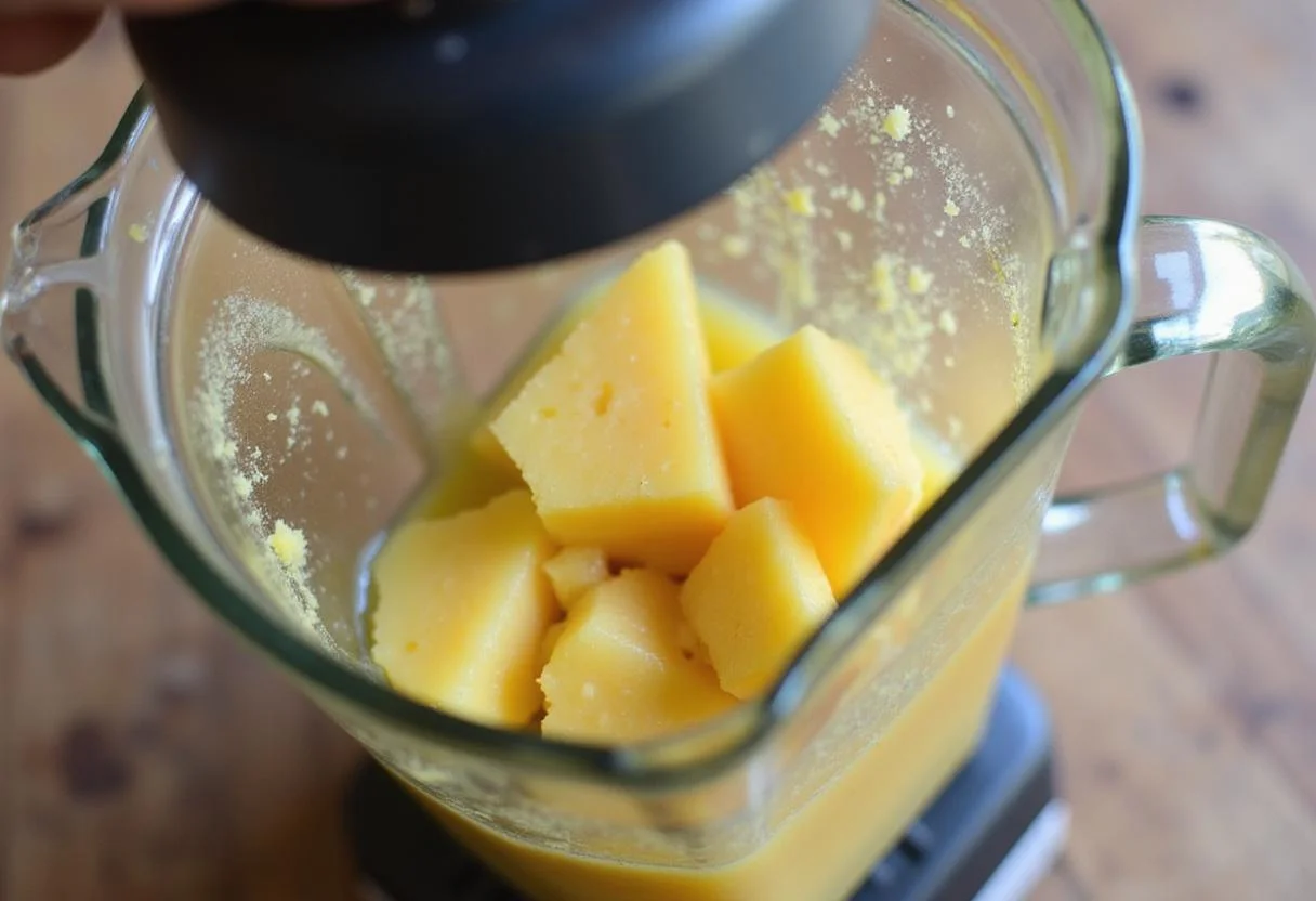 Blending pineapple chunks into a smooth puree for pure pineapple juice, depicting the juicing process.