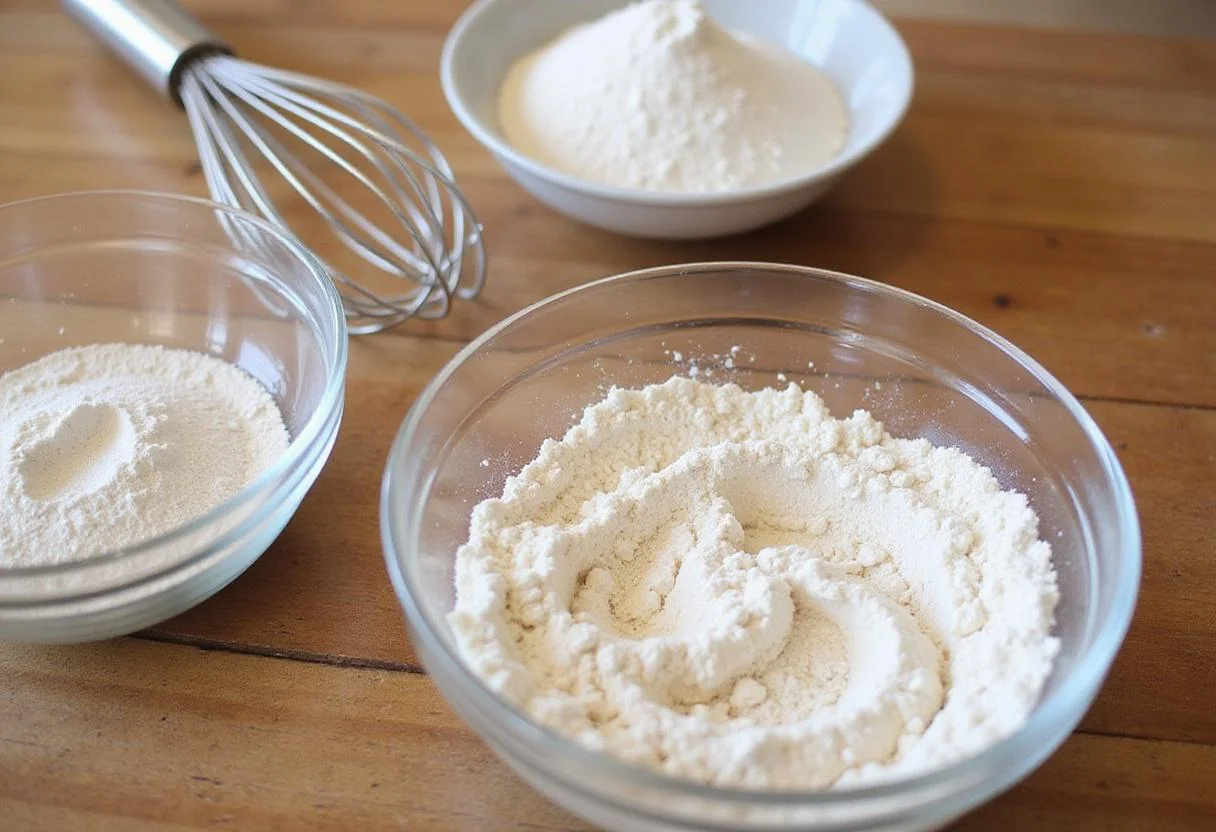 Ingredients for Quick Bites Snack Cookies on a wooden countertop, including flour, sugar, and baking powder.