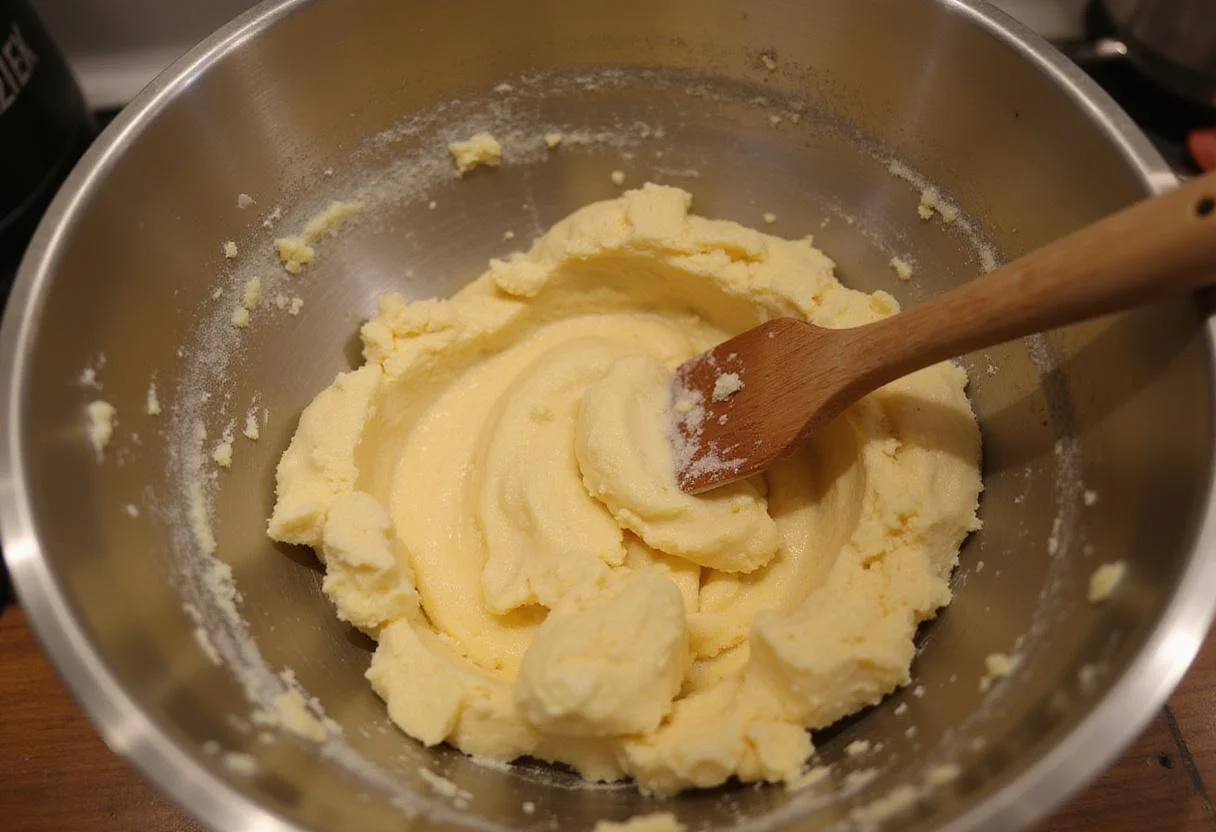 Mixing bowl with creamy butter and sugar mixture for Quick Bites Snack Cookies, set in a cozy kitchen scene.