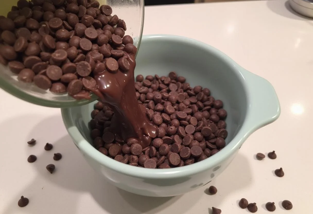 Adding chocolate chips into the mixture for Quick Bites Snack Cookies, capturing a delightful baking moment.