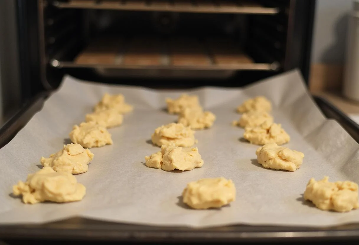 Cookie dough mounds on a baking tray for Quick Bites Snack Cookies, preparing for baking in a home kitchen.