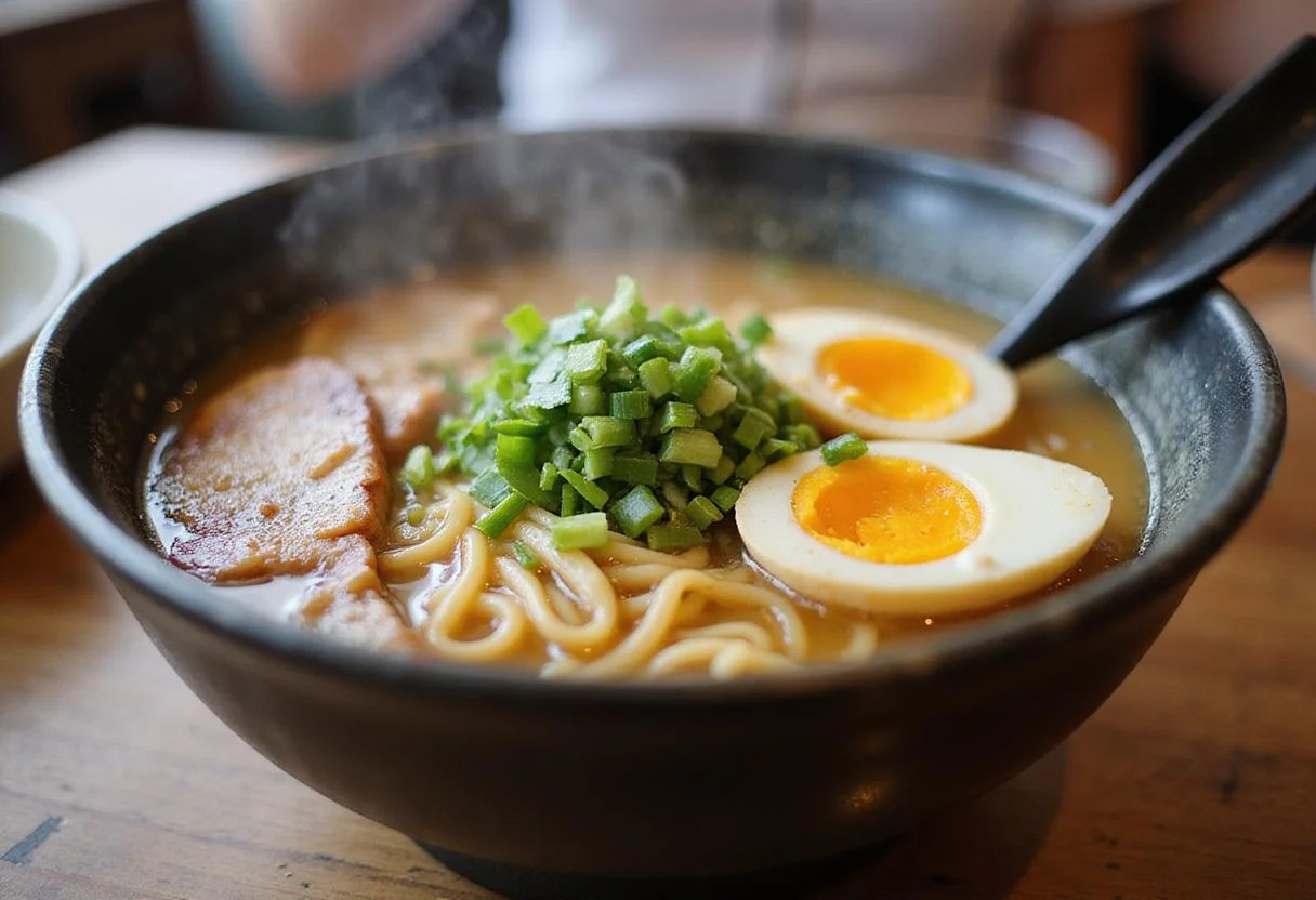 Enjoying a bowl of ramen with fresh toppings, showcasing the freshness and taste of ramen noodles.