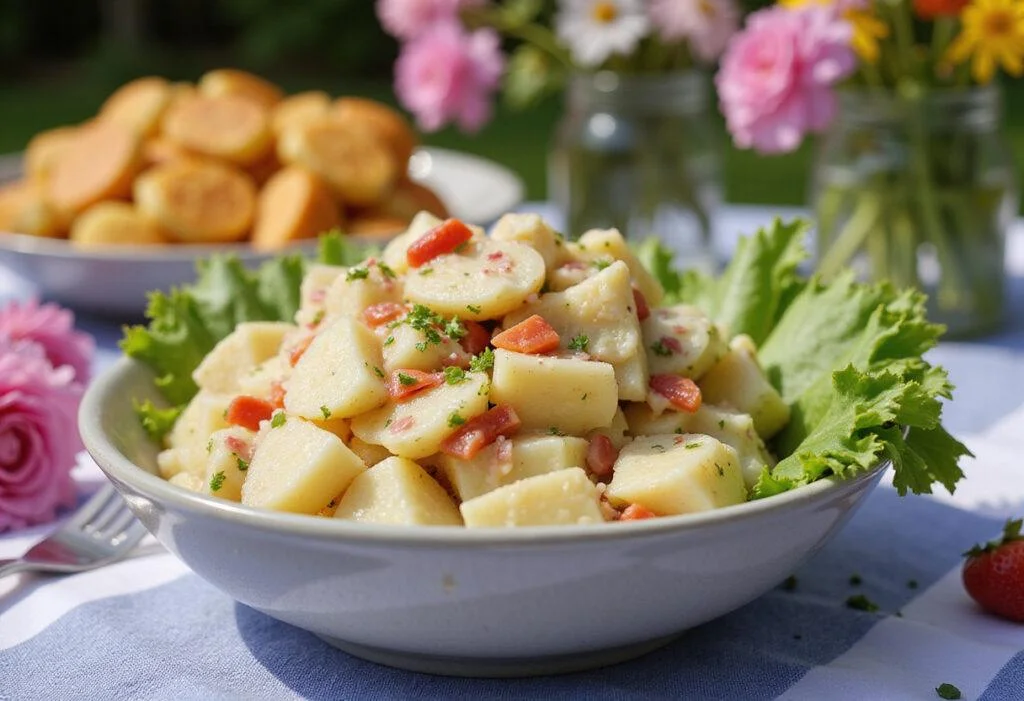Appetizing bowl of Reser's Potato Salad presented at a picnic, showcasing its deliciousness and vibrant summer appeal.