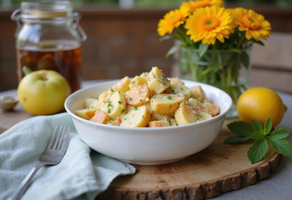 Appetizing bowl of Reser's Potato Salad presented at a picnic, showcasing its deliciousness and vibrant summer appeal.