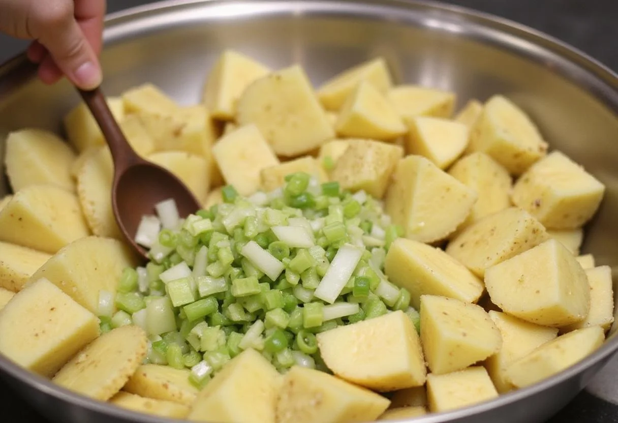 Fresh ingredients in Reser's Potato Salad, including diced cold potatoes, celery, and onions for a perfect blend.