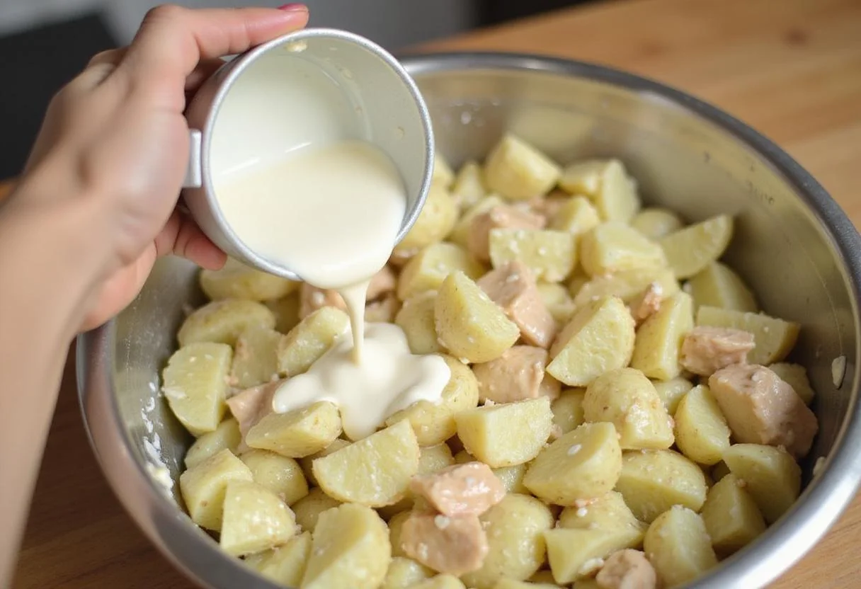 Creamy dressing being added to Reser's Potato Salad for a rich flavor, enhancing the overall salad experience.