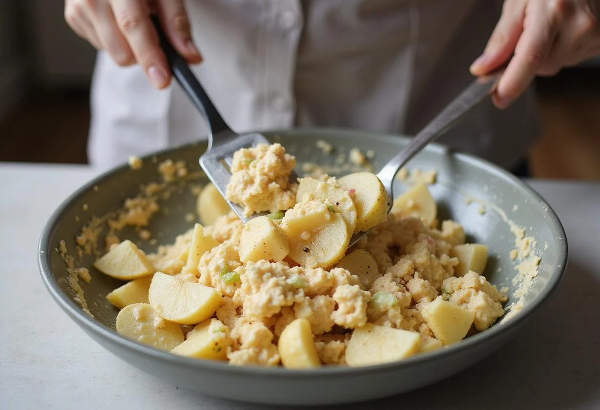 Folding the ingredients of Reser's Potato Salad together, creating a harmonious mix of flavors and textures.