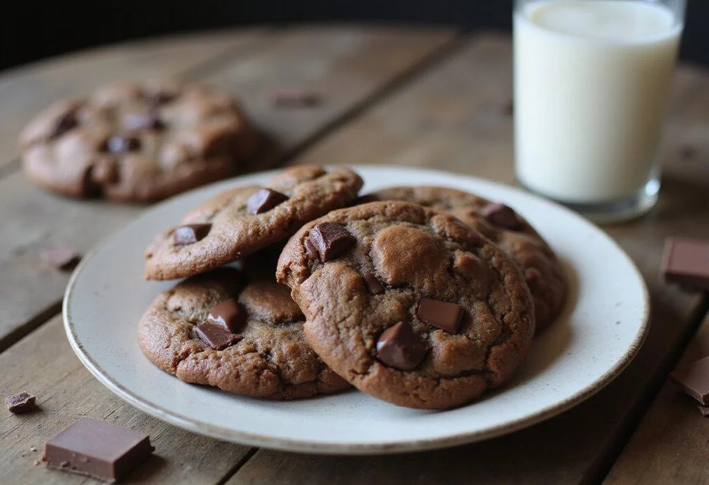 Final presentation of rich chocolate chunk delight cookies on a plate, showcasing the delectable brown butter cookies recipe with melted chocolate.