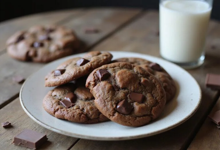 Final presentation of rich chocolate chunk delight cookies on a plate, showcasing the delectable brown butter cookies recipe with melted chocolate.