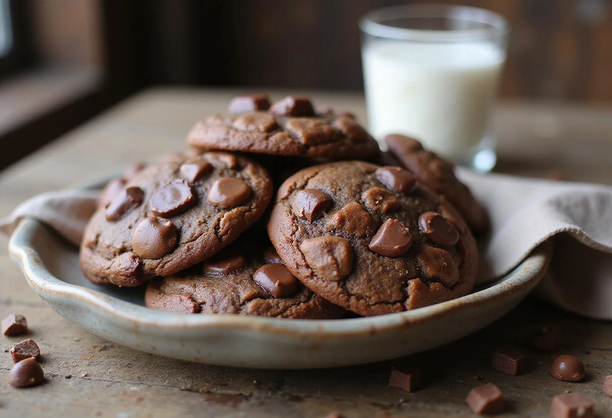 Final presentation of rich chocolate chunk delight cookies on a plate, showcasing the delectable brown butter cookies recipe with melted chocolate.