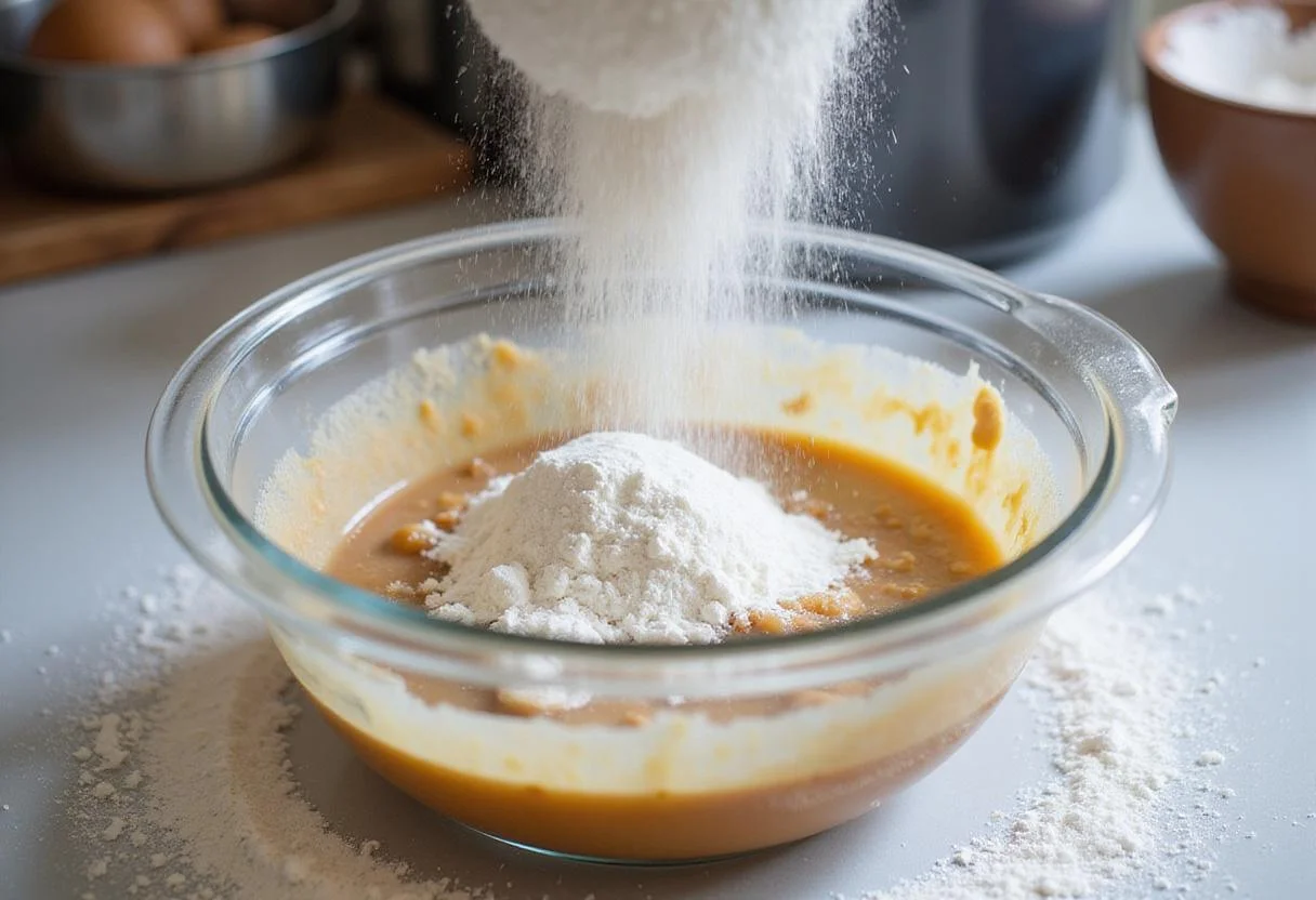 Preparing the dough for brown butter cookies by sifting flour and baking soda into the mixture, essential for rich chocolate chunk delight.
