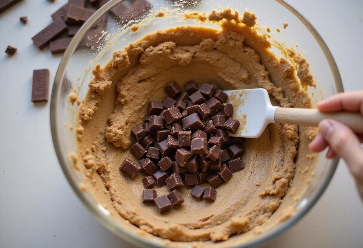 Adding chocolate chunks to the cookie dough for a rich chocolate chunk delight, illustrating the brown butter cookies recipe process.