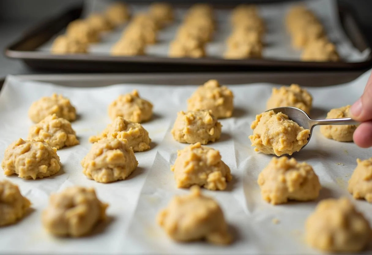 Portioning cookie dough for brown butter cookies onto a baking sheet, preparing for baking rich chocolate chunk delights.