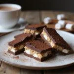 Sliced Rich Dark Chocolate Milky Way on a plate, displaying layers of chocolate and ingredients in a rustic kitchen setting.
