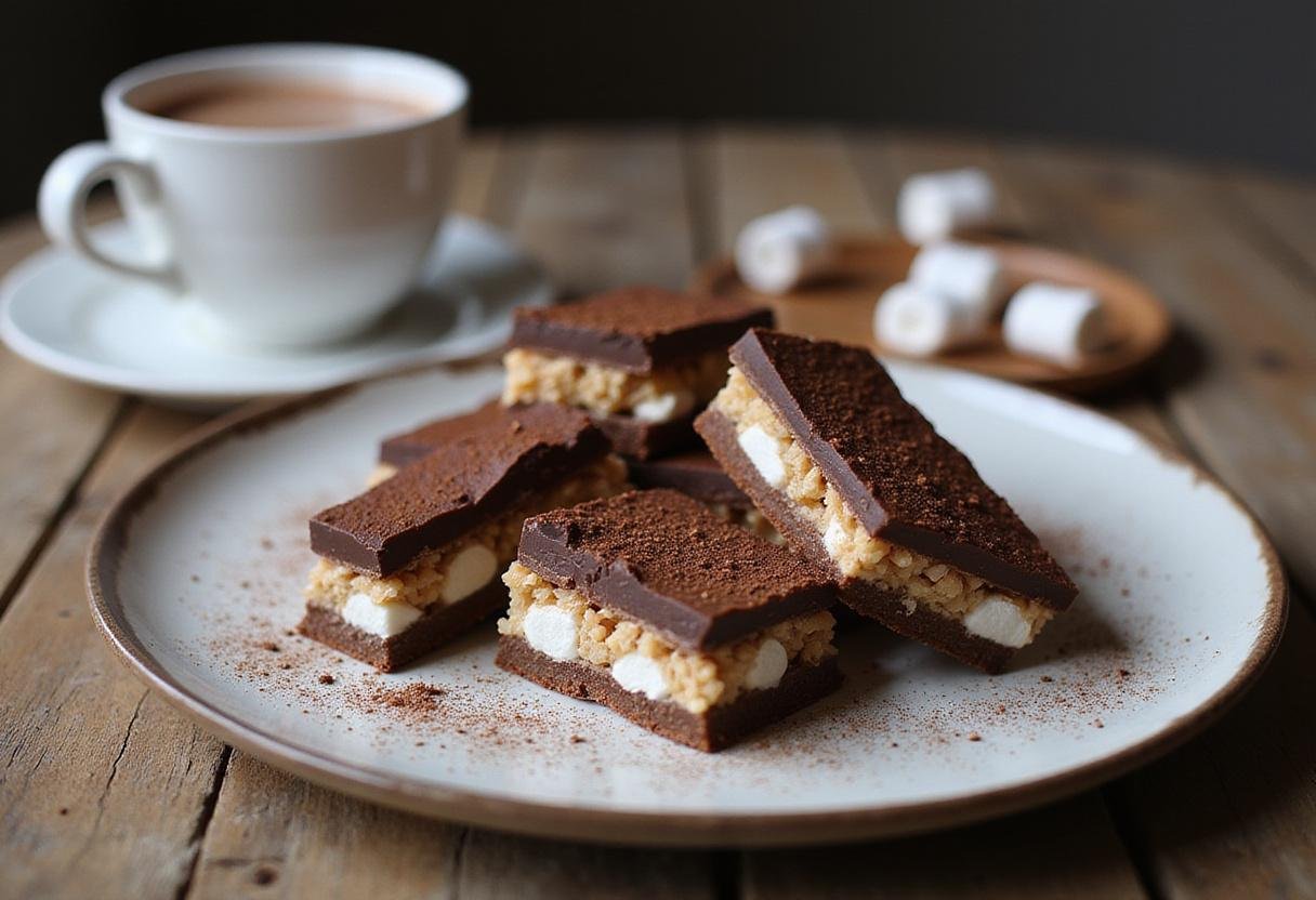 Sliced Rich Dark Chocolate Milky Way on a plate, displaying layers of chocolate and ingredients in a rustic kitchen setting.