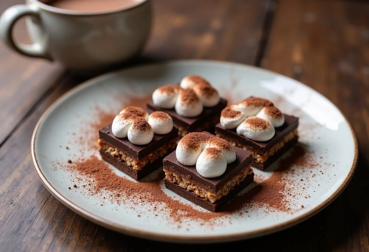 Sliced Rich Dark Chocolate Milky Way on a plate, displaying layers of chocolate and ingredients in a rustic kitchen setting.