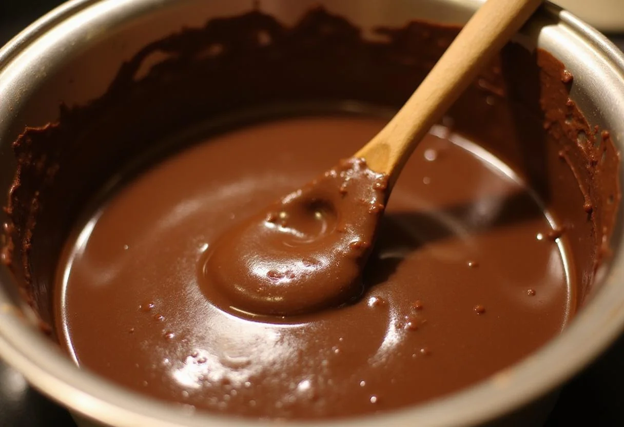 Melted dark chocolate and sweetened condensed milk in a saucepan, preparing a rich dark chocolate Milky Way.