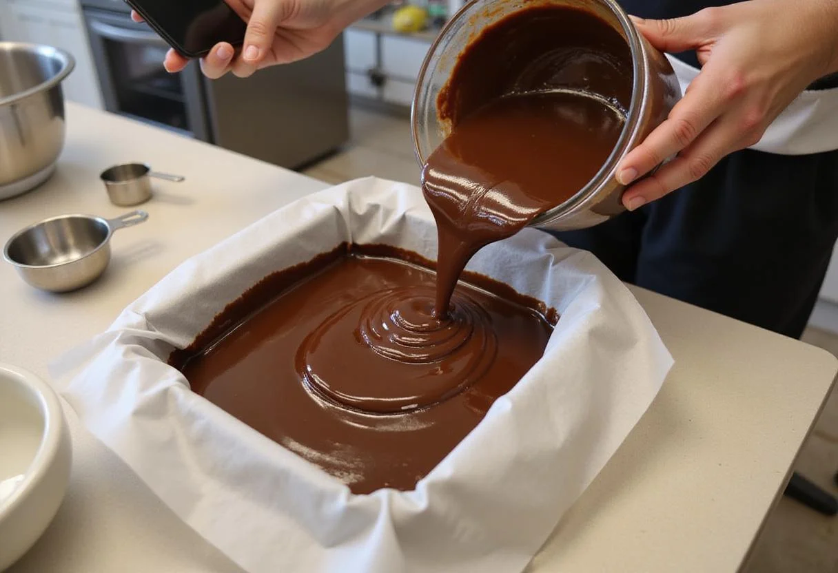 Pouring dark chocolate mixture into a baking pan for a layered Milky Way treat, showing the process of creating rich dark chocolate.