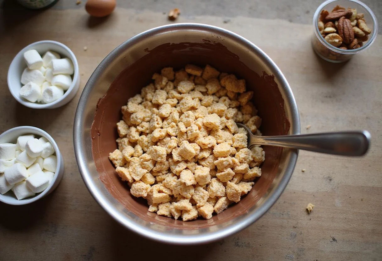 Adding crispy rice cereal to melted chocolate mixture for a rich dark chocolate Milky Way dessert.