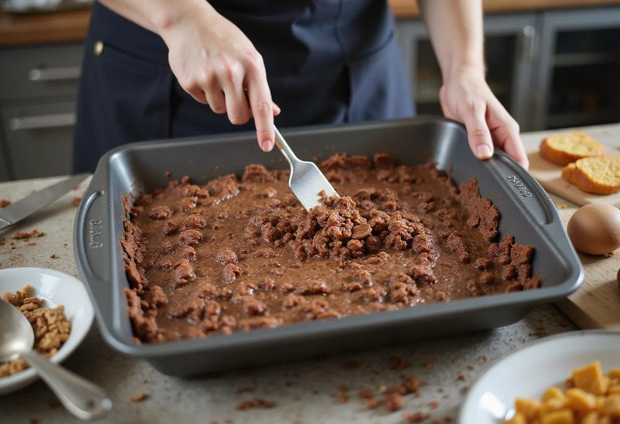 Spreading chocolate-rice mixture in a baking pan for dark chocolate Milky Way, highlighting preparation steps.