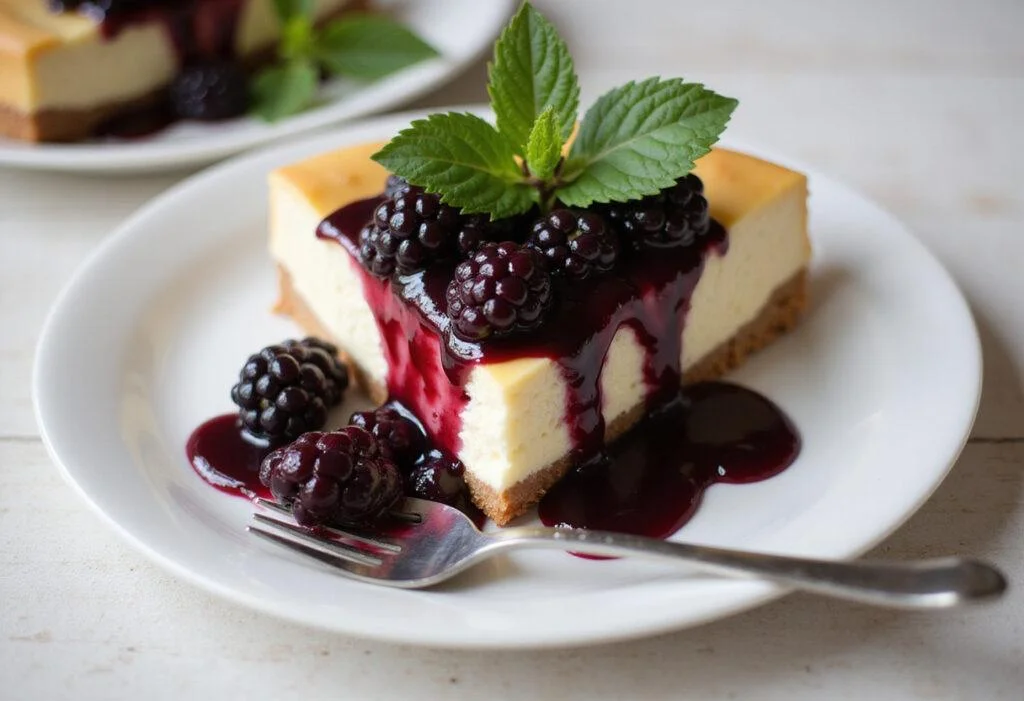 Rich homemade blackberry compote elegantly served over cheesecake, showcasing the perfect blackberry compote recipe finishing touch.