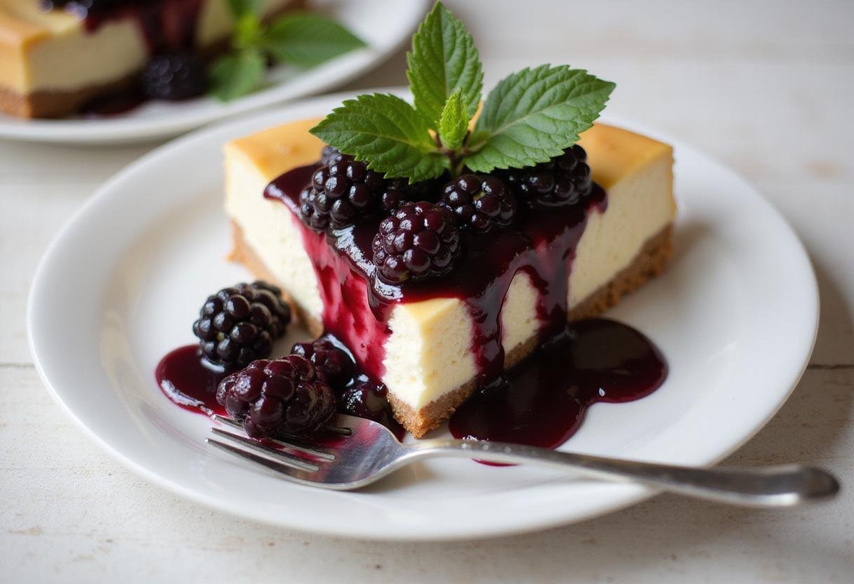 Rich homemade blackberry compote elegantly served over cheesecake, showcasing the perfect blackberry compote recipe finishing touch.