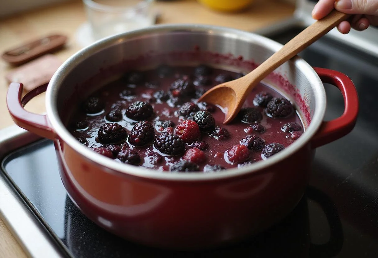 Cooking blackberry compote on the stove with blackberries and sugar heating in a pot for a rich flavor.