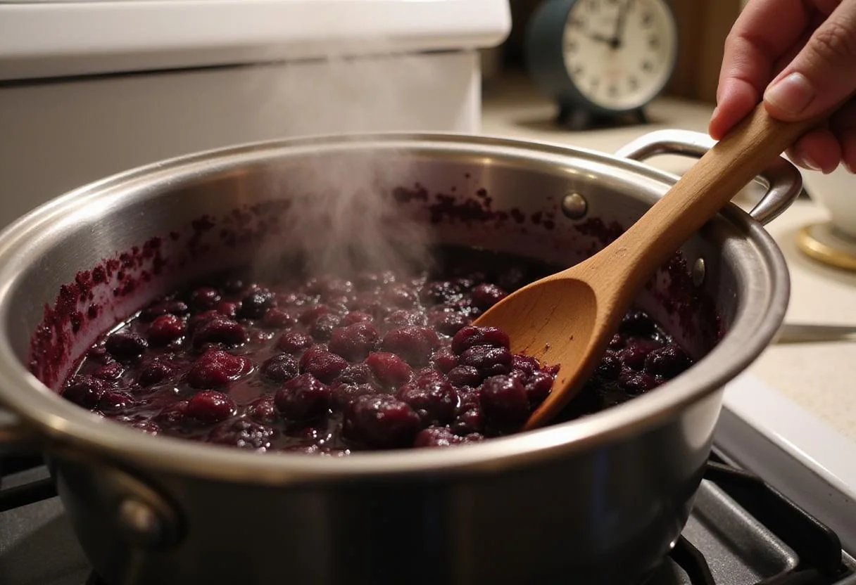 Stirring blackberry compote on the stove to ensure an even mixture while releasing delicious scents.