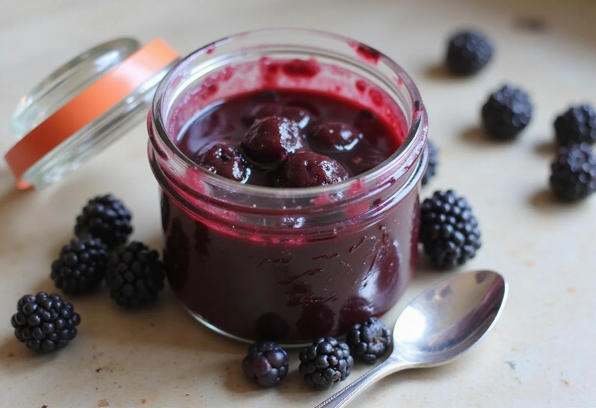 Finished rich blackberry compote in a jar, perfect for spreading or topping desserts, surrounded by fresh berries.