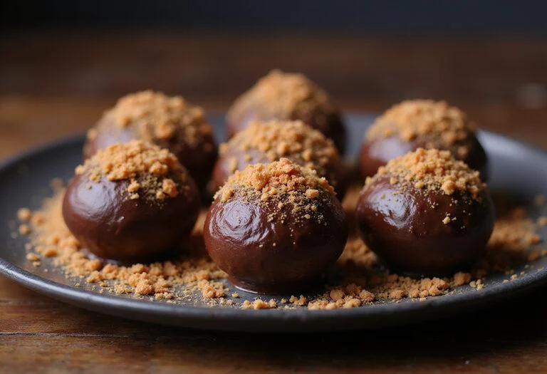 Final presentation of round divine chocolate orbs, enticing chocolate ball candy dessert.