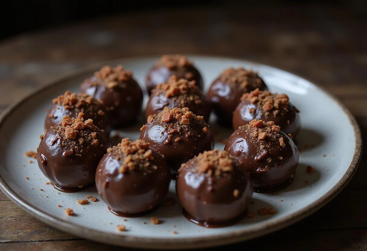 Final presentation of round divine chocolate orbs, enticing chocolate ball candy dessert.