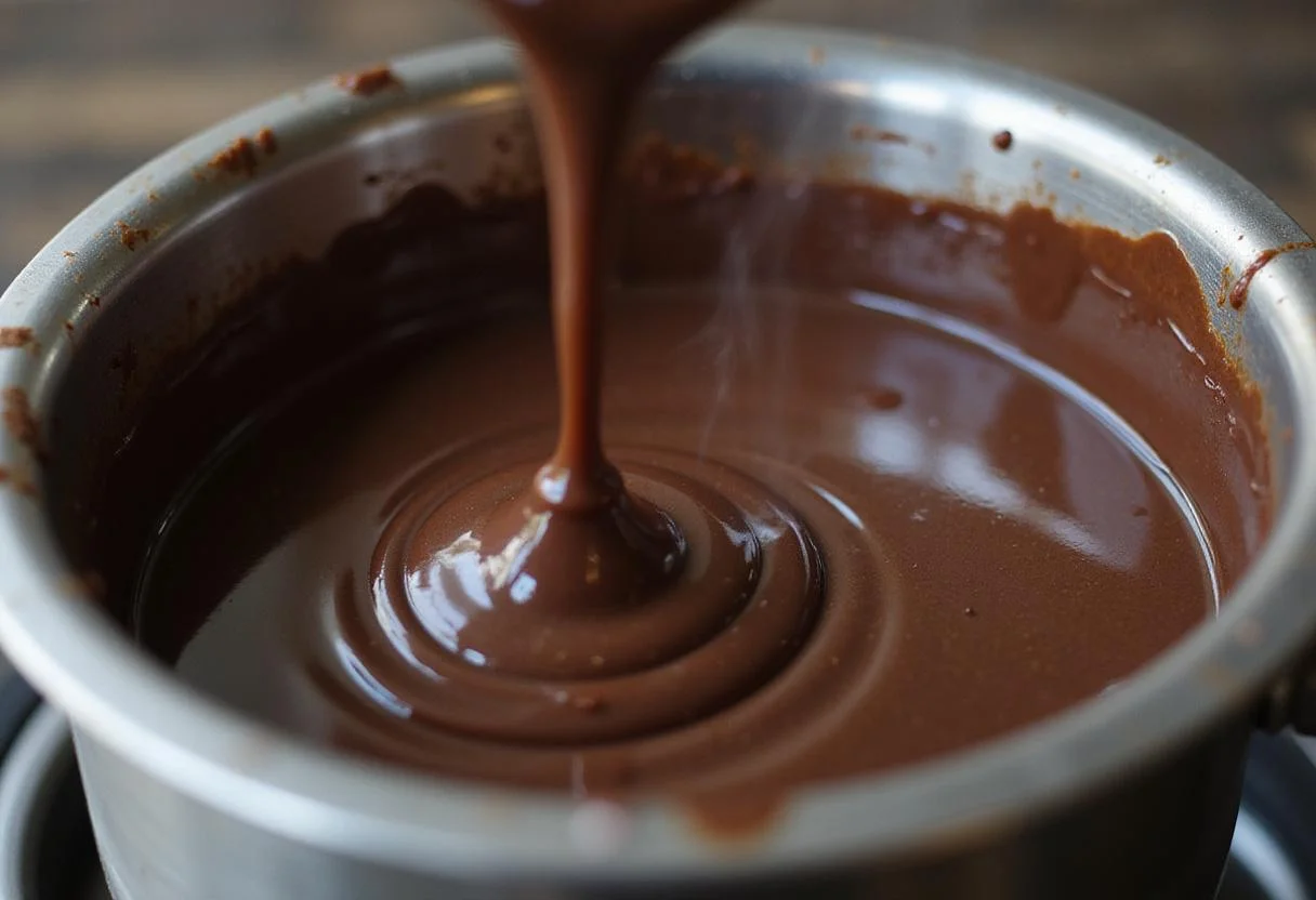 Melting high-quality dark chocolate for chocolate ball candy preparation.